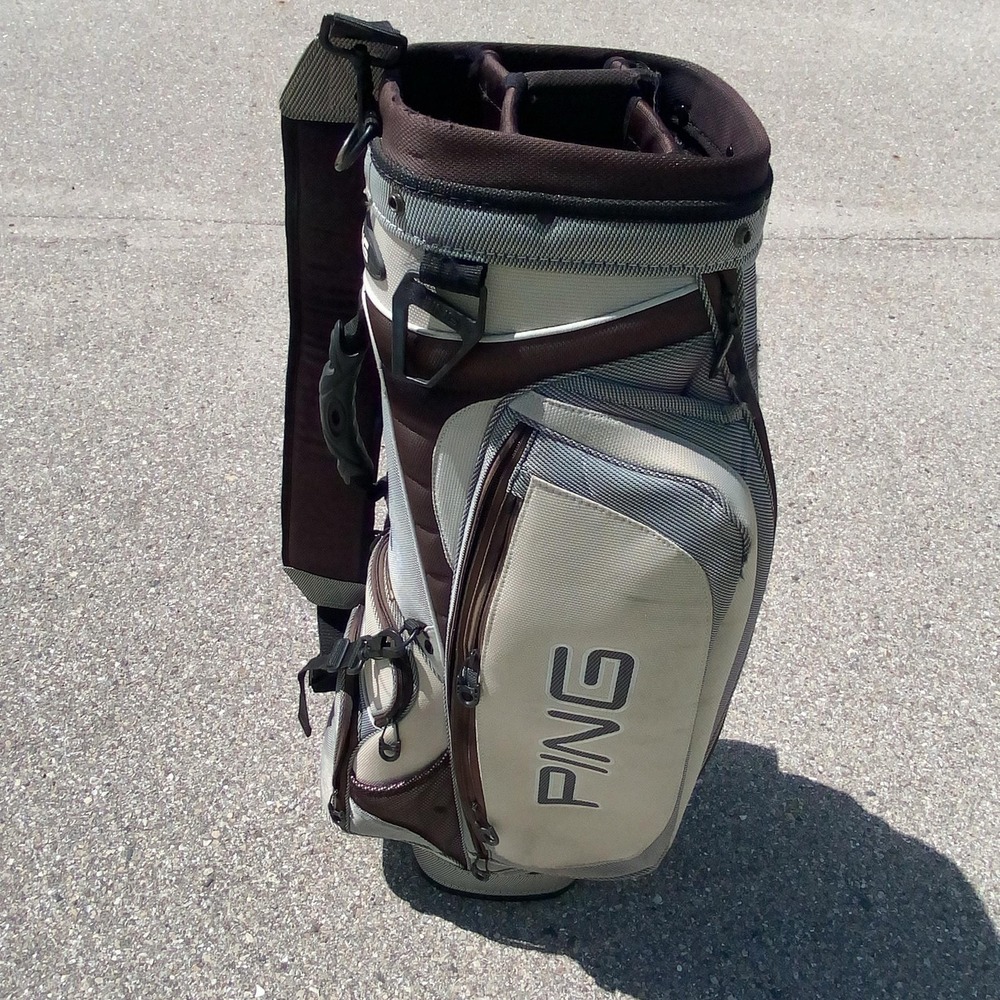 PING Golf Cart Bag Mens Large Tan Brown Explore 4-Way Divider Pockets Strap